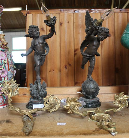 Pair of cherub lamps and 2 wall sconces